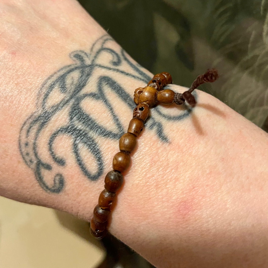 Wood Carved Skull Bead Bracelet