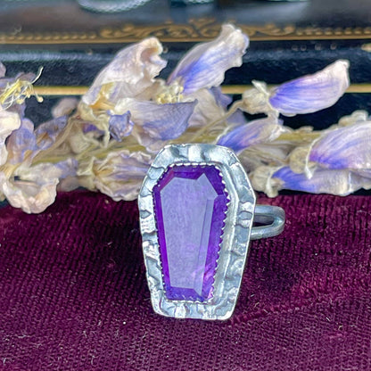 Gothic Coffin Bat Amethyst Sterling Ring