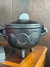 Load image into Gallery viewer, Black Cast Iron Triple Moon Cauldron With Lid 5”

