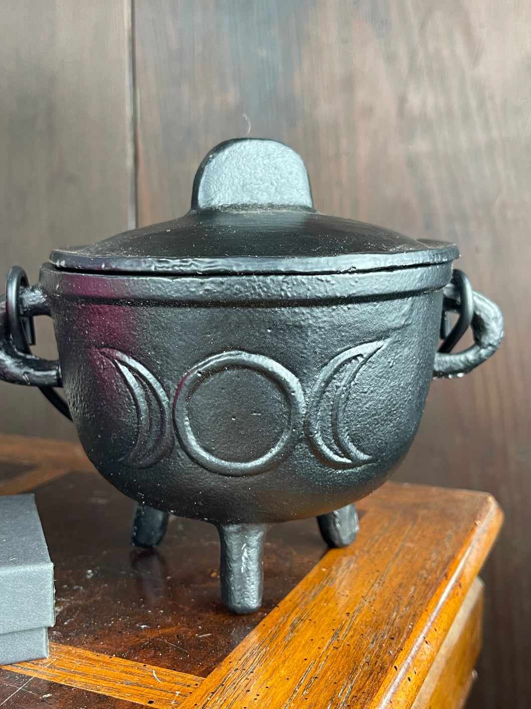 Black Cast Iron Triple Moon Cauldron With Lid 5”