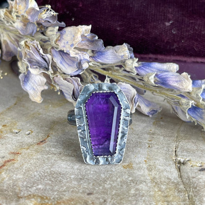 Gothic Coffin Bat Amethyst Sterling Ring