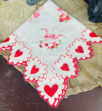 Load image into Gallery viewer, Antique Valentine Flower Bouquets Scalloped Hearts Handkerchief
