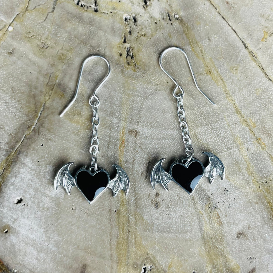 Black Heart Bat Wing Earrings