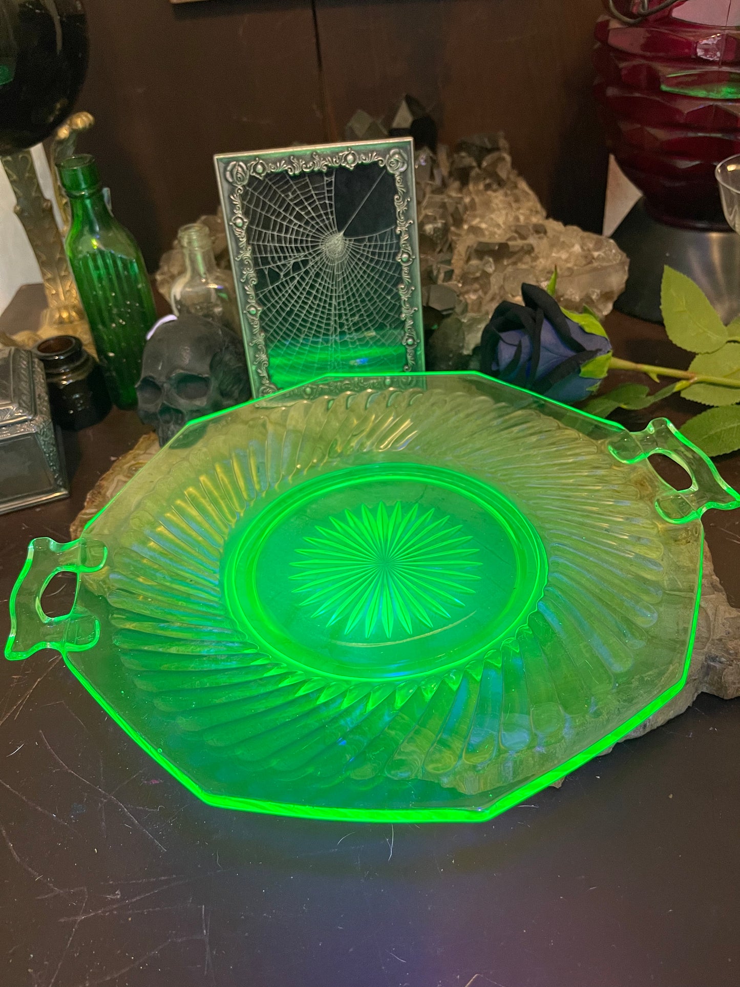 Antique Uranium Depression Glass Large Handled Platter