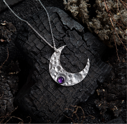 Amethyst Crescent Moon Sterling Amulet Necklace