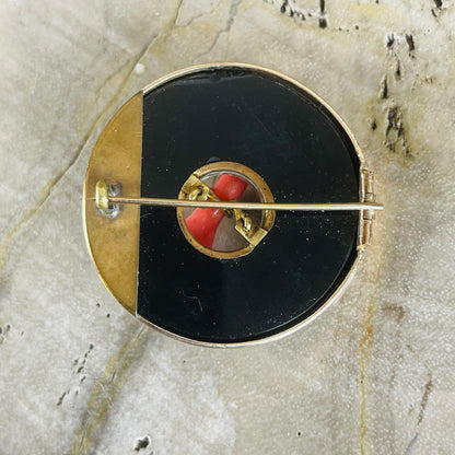 Victorian Onyx & Coral Gold Filled Brooch