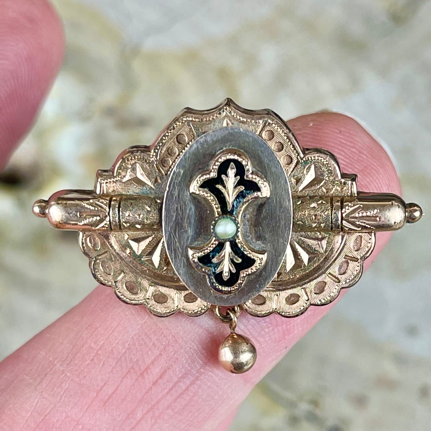Victorian Mourning Gold Filled Seed Pearl Black Enamel Brooch
