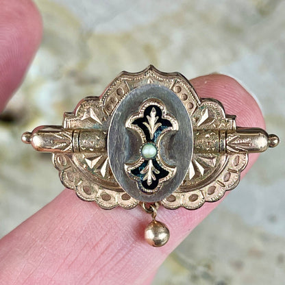 Victorian Mourning Gold Filled Seed Pearl Black Enamel Brooch