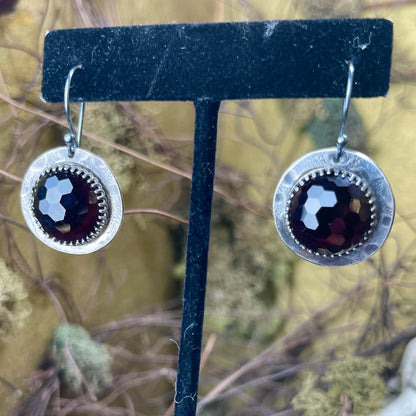 Garnet Honeycomb Faceted Full Moon Sterling Amulet Earrings