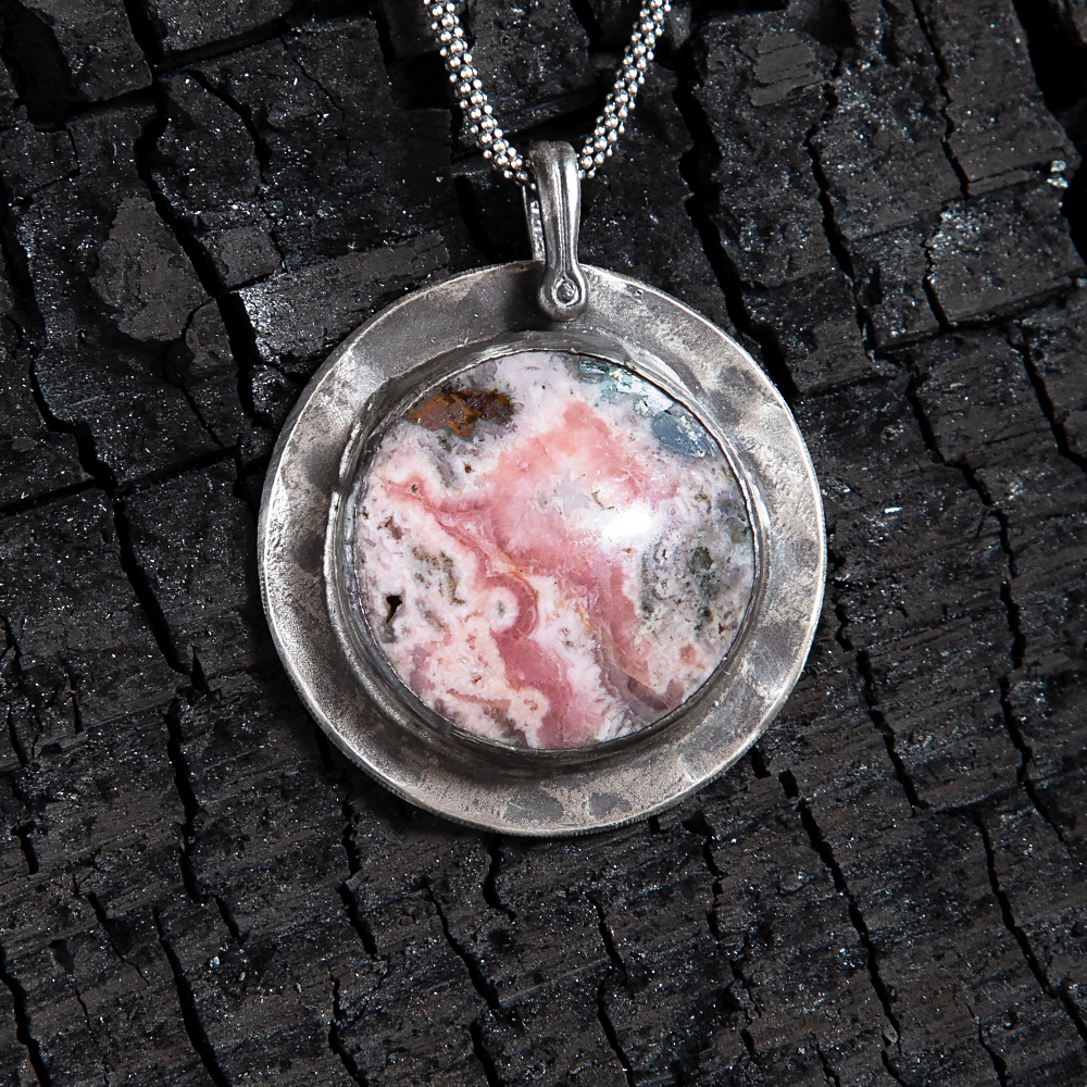 Rhodochrosite Full Moon Sterling Amulet Necklace