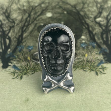 Load image into Gallery viewer, Skull &amp; Crossbones Sterling Ring Onyx
