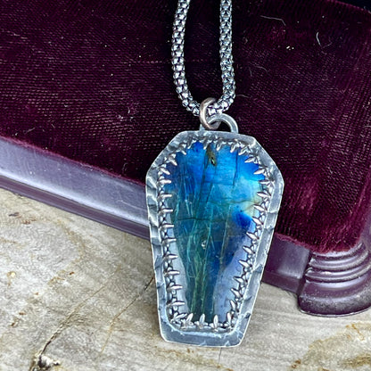SAMPLE SALE Gothic Coffin Labradorite Vampire Bats Sterling Necklace { Lorna }