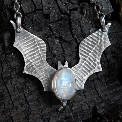 Gothic Vamppire Bat Wing Moonstone Sterling Necklace SAMPLE SALE