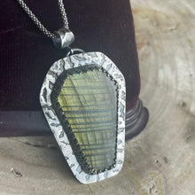 Load image into Gallery viewer, { Lorna } Green &amp; Gold Labradorite &amp; Sterling Bats Coffin Necklace
