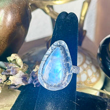 Load image into Gallery viewer, { Nathara } Teardrop Rainbow Moonstone Snakeskin Sterling Ring
