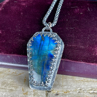 SAMPLE SALE Gothic Coffin Labradorite Vampire Bats Sterling Necklace { Lorna }