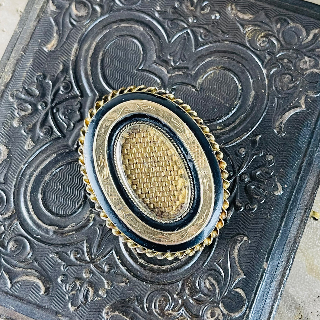 Victorian Mourning Gold Filled Hairwork Brooch