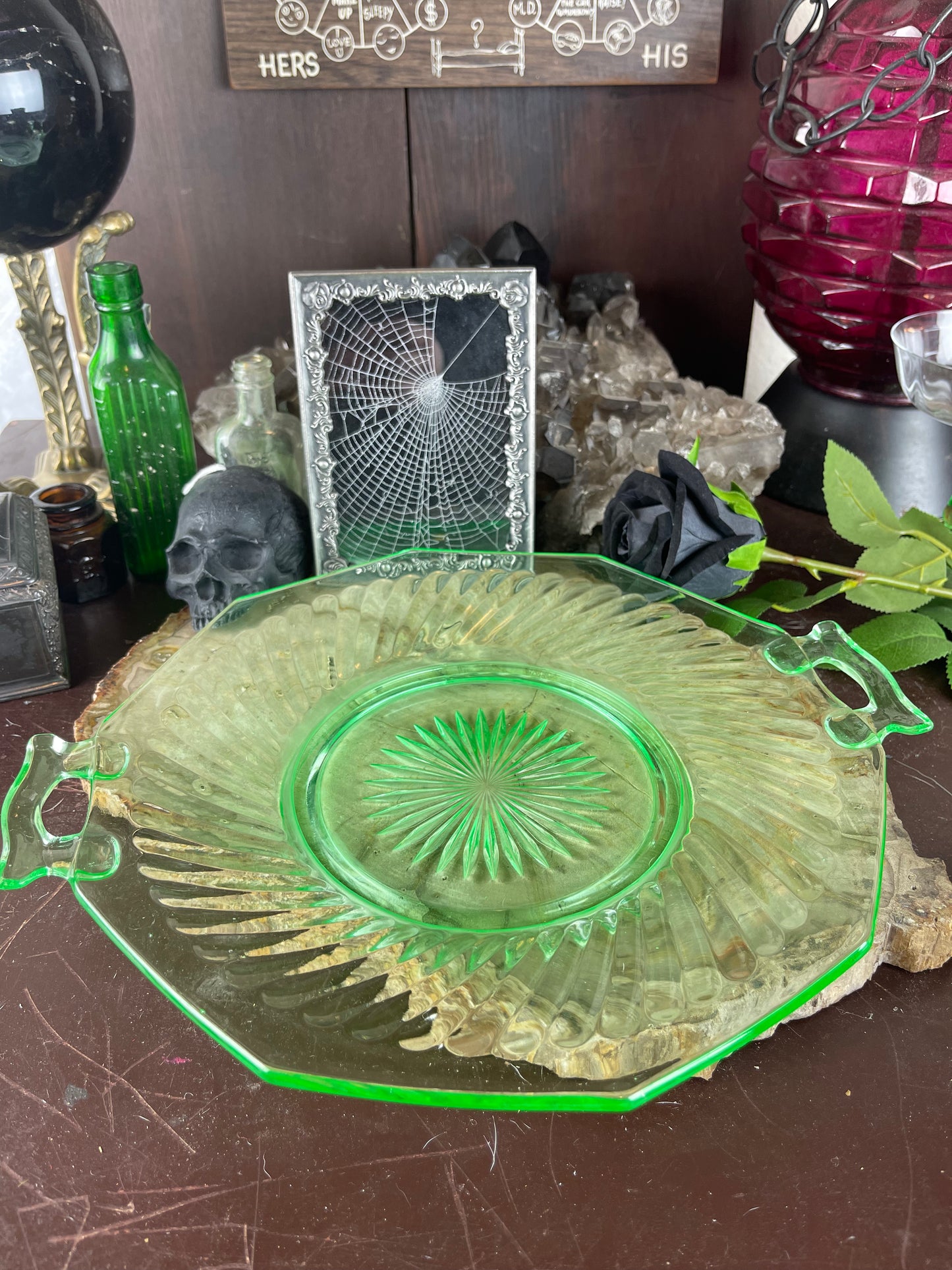Antique Uranium Depression Glass Large Handled Platter