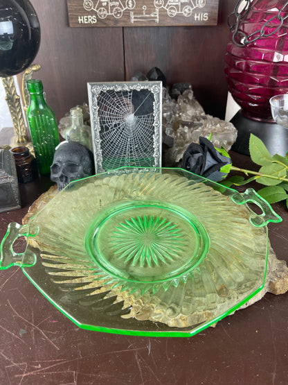 Antique Uranium Depression Glass Large Handled Platter