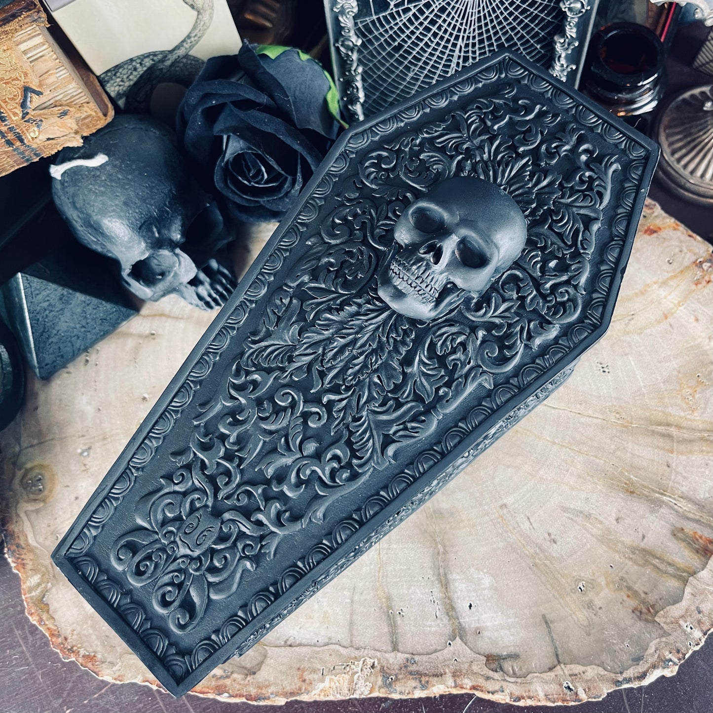 Black Skull Floral Coffin Box