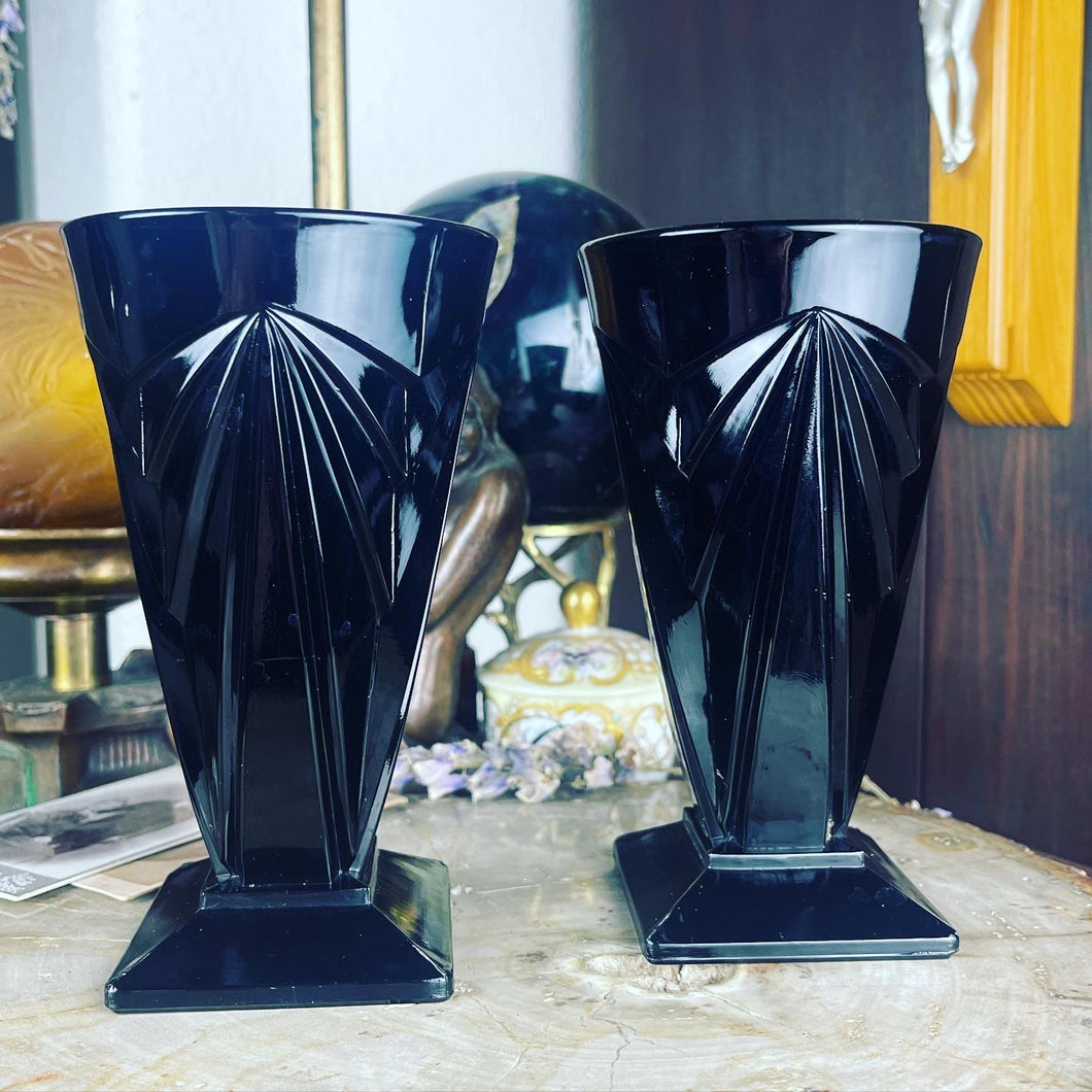 Antique Art Deco Black Amethyst Pedestal Glass