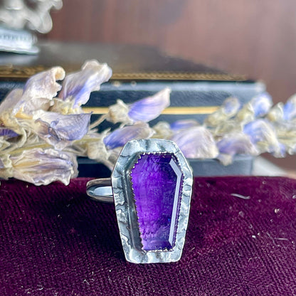 Gothic Coffin Bat Amethyst Sterling Ring