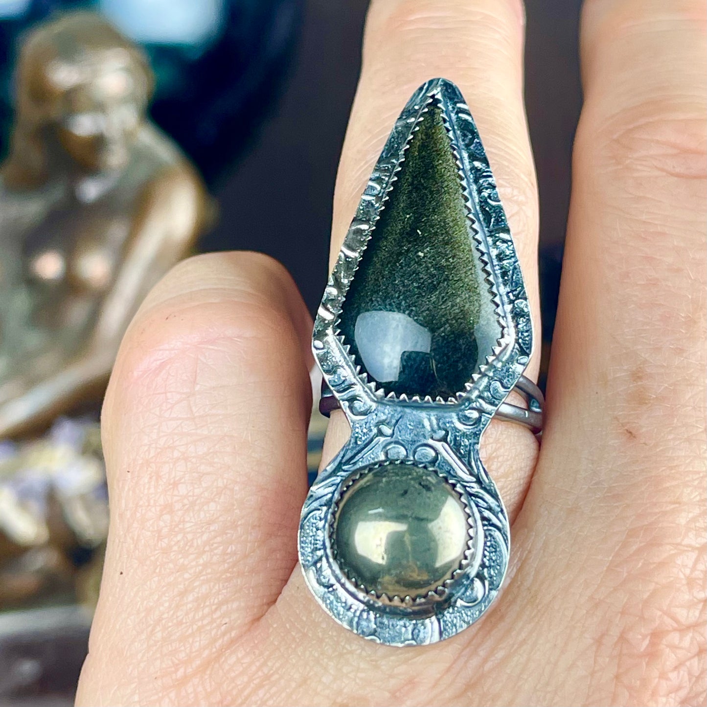 { Athena } Deco Style Gold Obsidian & Pyrite Ring