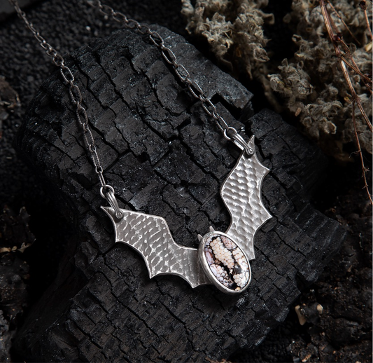 SAMPLE SALE Gothic Bat Wing Snakeskin Jasper Handmade Fossilized Wrasse Sterling Necklace