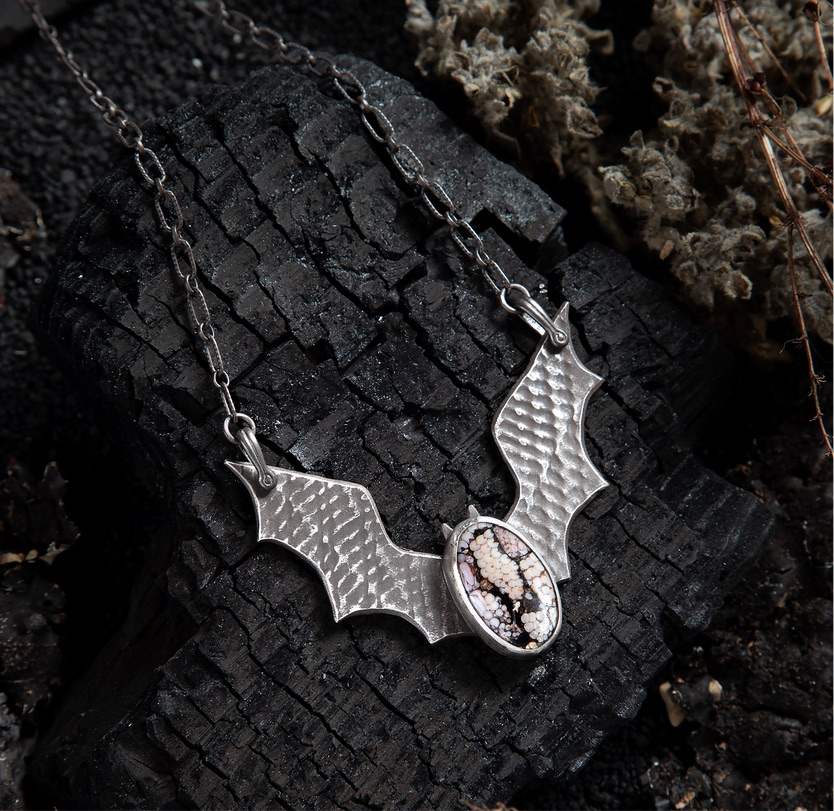 SAMPLE Bat Wing Snakeskin Fossilized Wrasse Sterling Necklace