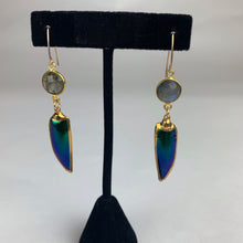 Load image into Gallery viewer, Beetle Elytra &amp; Labradorite 24K Edged Gold Filled Earrings
