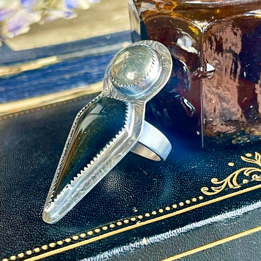 { Athena } Deco Style Gold Obsidian & Pyrite Ring
