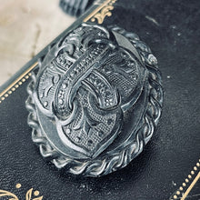 Load image into Gallery viewer, Victorian Mourning Bog Oak Fleur de Lis &amp; Ribbons Brooch
