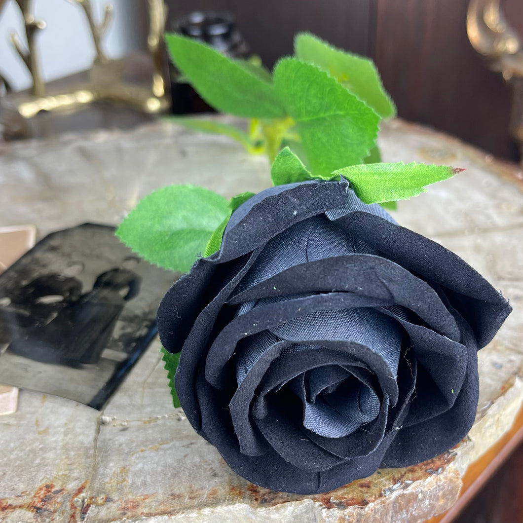 Faux Black Velvet Long Stem Rose