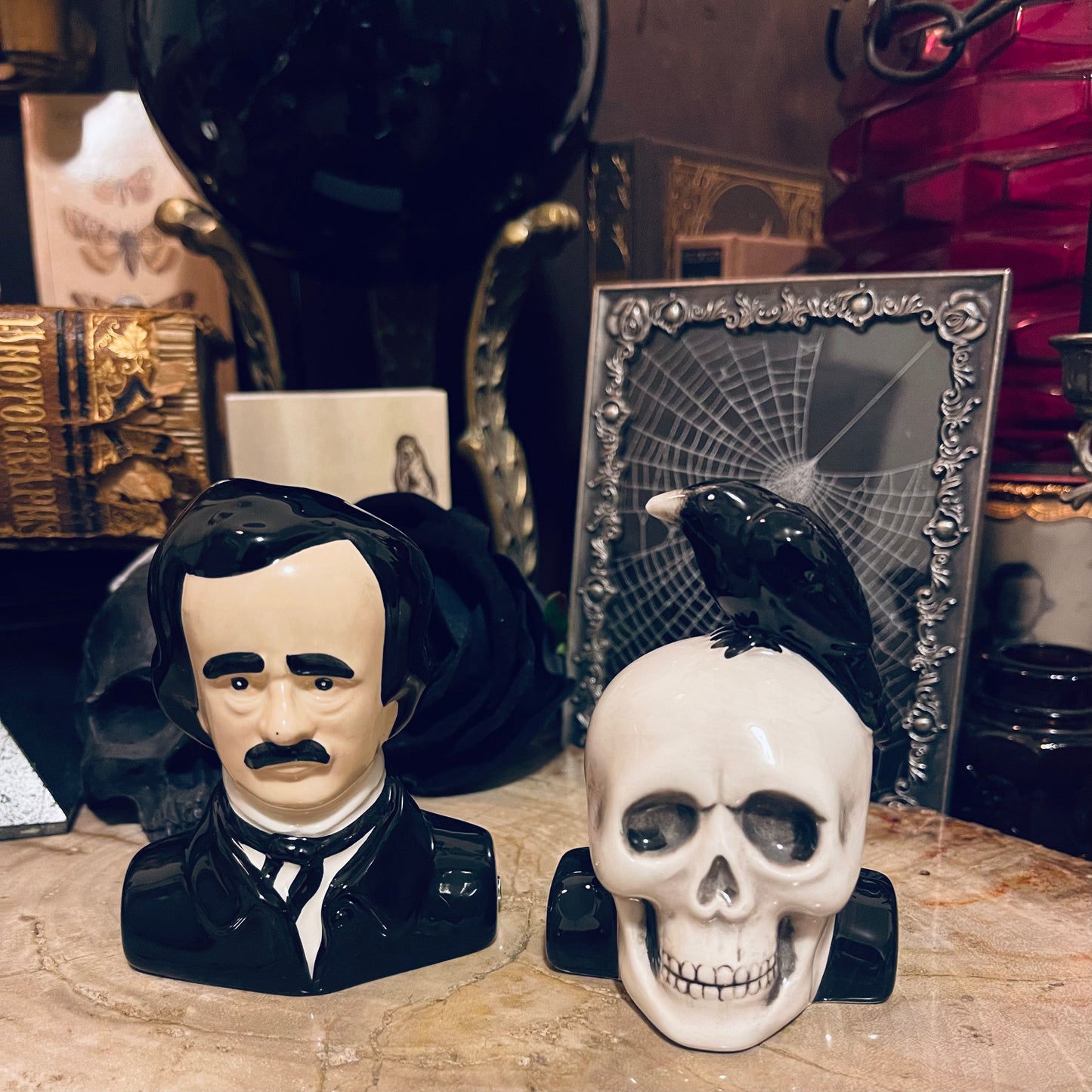 Poe & Raven on Skull Salt & Pepper Set
