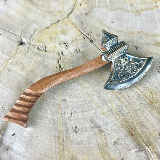 Vintage Wood Carved Axe with Elaborate Metal Blade 3”