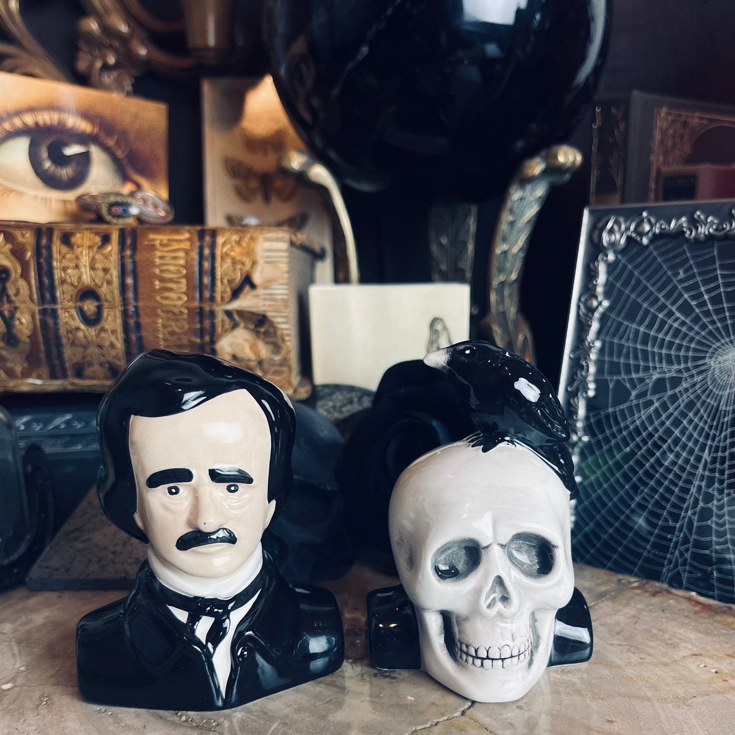 Poe & Raven on Skull Salt & Pepper Set