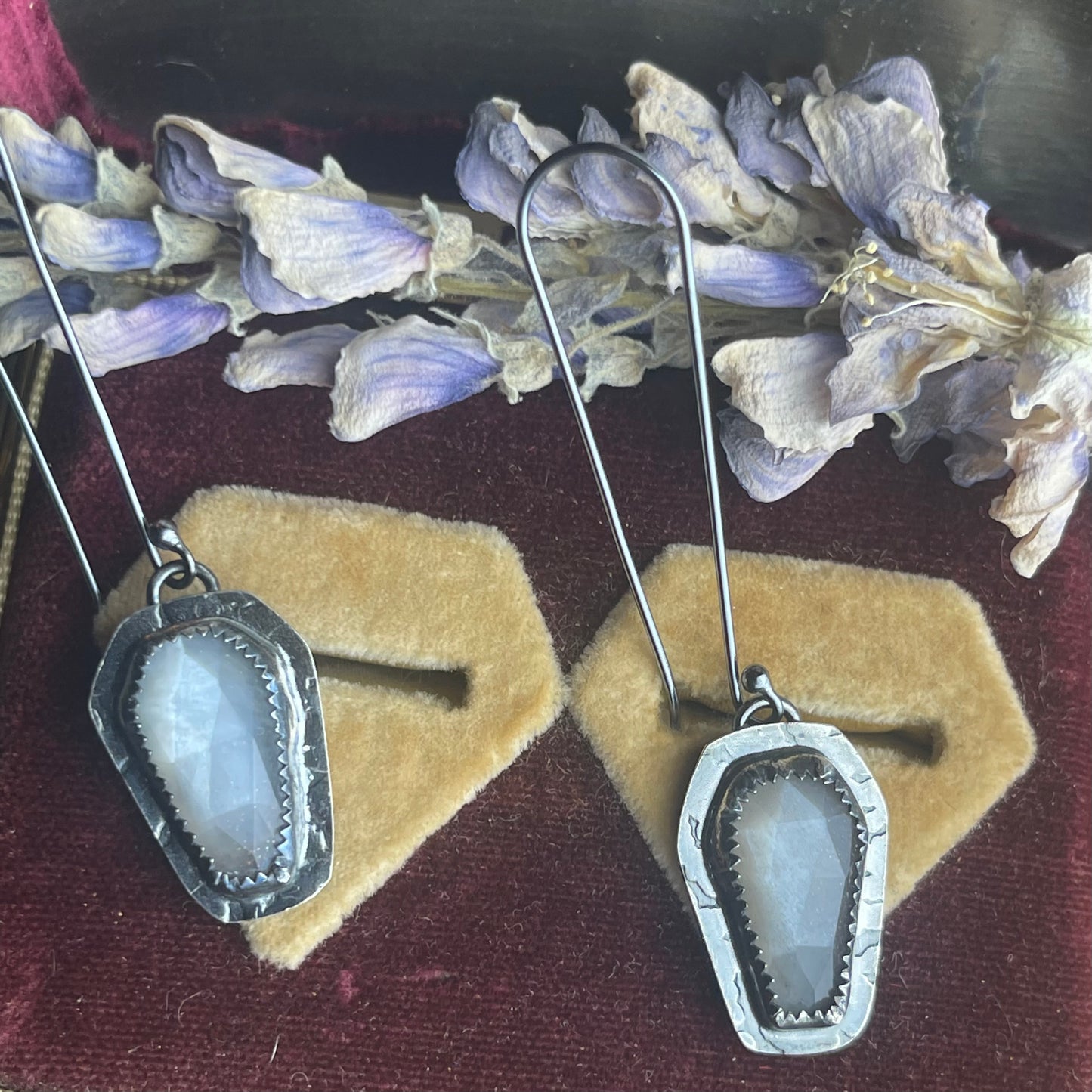 Bat Coffin Earrings Peach Moonstone