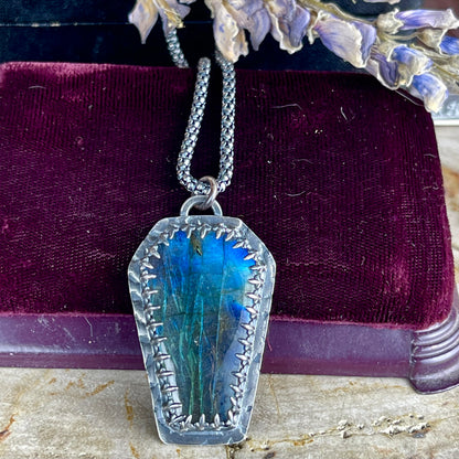 SAMPLE SALE Gothic Coffin Labradorite Vampire Bats Sterling Necklace { Lorna }
