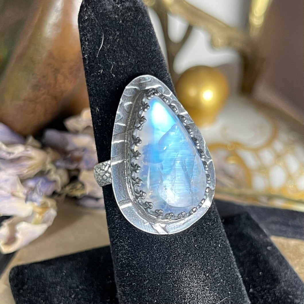 { Nathara } Teardrop Rainbow Moonstone Snakeskin Sterling Ring
