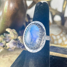 Load image into Gallery viewer, { Nathara } Oval Rainbow Moonstone Snakeskin Sterling Ring
