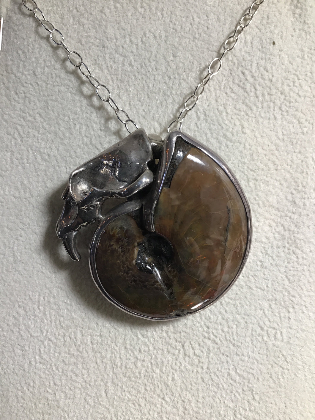 Sterling Saber Tiger Skull Ammonite Necklace
