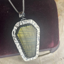 Load image into Gallery viewer, { Lorna } Green &amp; Gold Labradorite &amp; Sterling Bats Coffin Necklace
