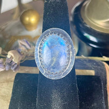 Load image into Gallery viewer, { Nathara } Oval Rainbow Moonstone Snakeskin Sterling Ring
