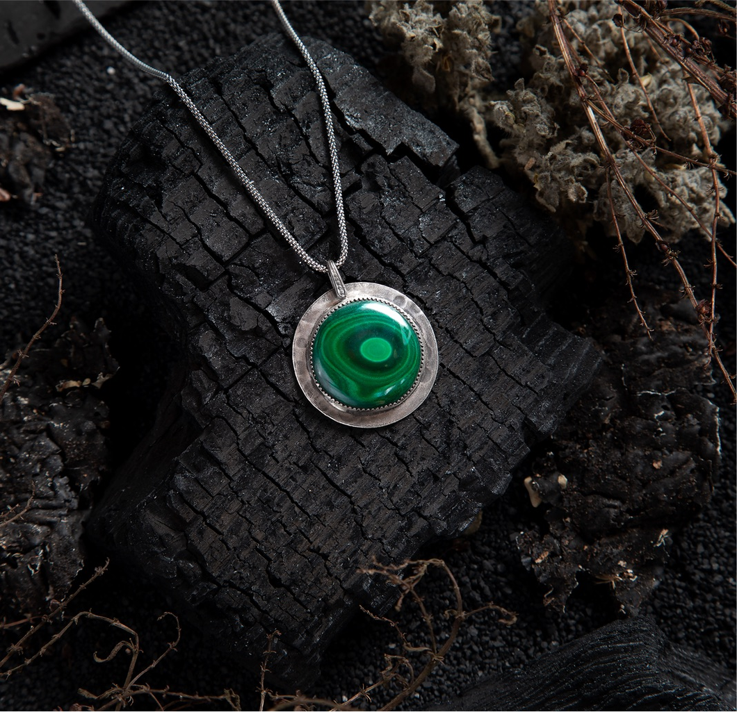 Malachite Full Moon Sterling Amulet Necklace