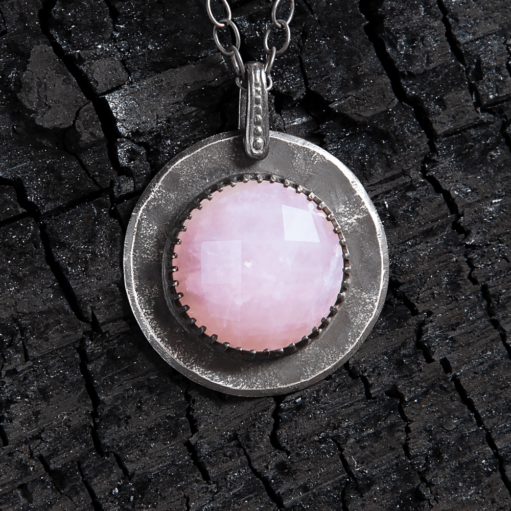 Rose Quartz Honeycomb Faceted Full Moon Sterling Amulet Necklace - Loved To Death