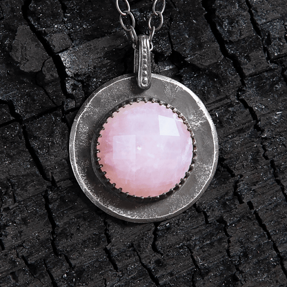 Rose Quartz Honeycomb Faceted Full Moon Sterling Amulet Necklace - Loved To Death