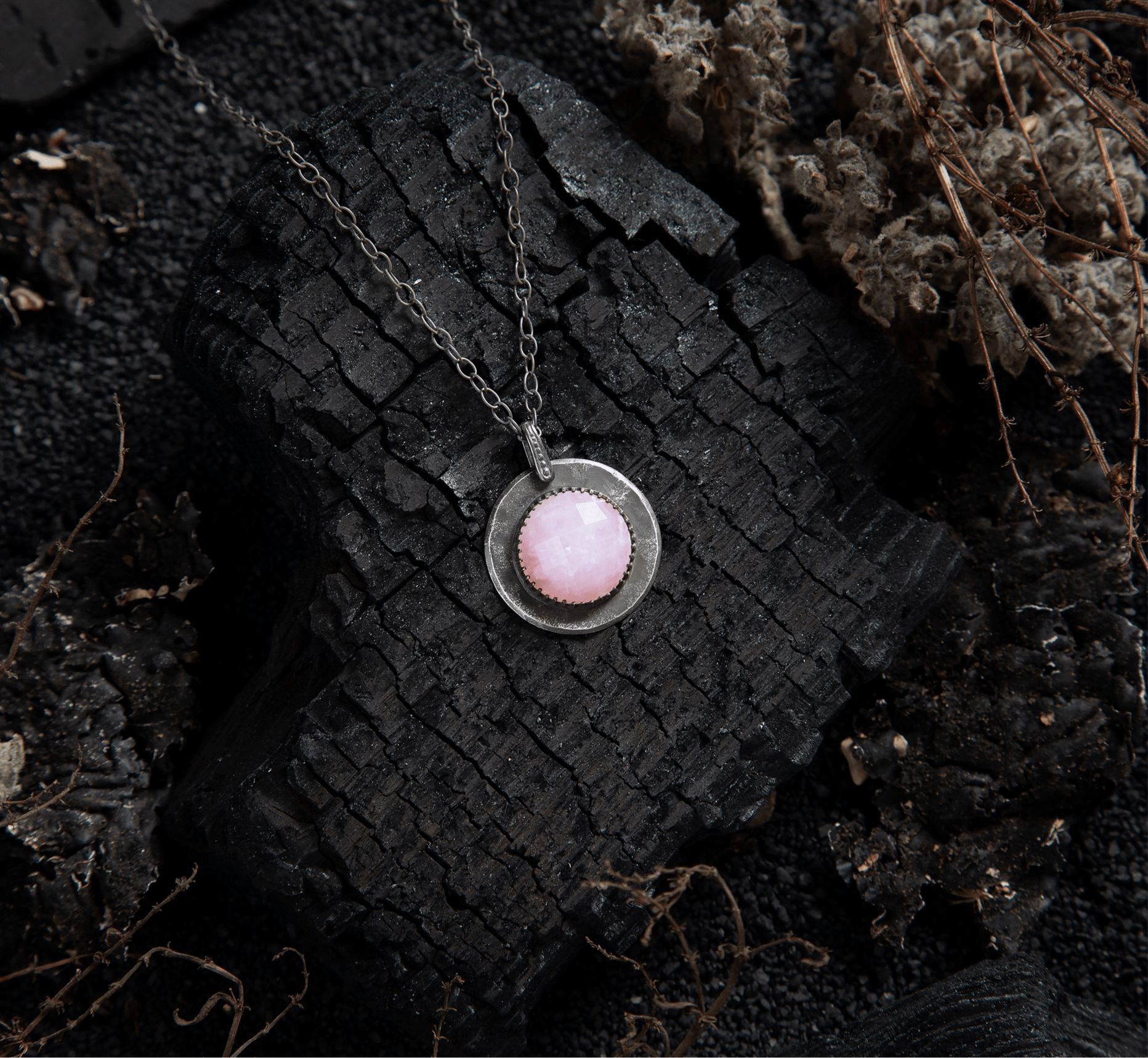 Rose Quartz Honeycomb Faceted Full Moon Sterling Amulet Necklace - Loved To Death