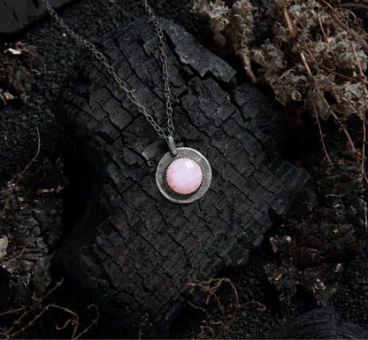 Rose Quartz Honeycomb Faceted Full Moon Sterling Amulet Necklace - Loved To Death