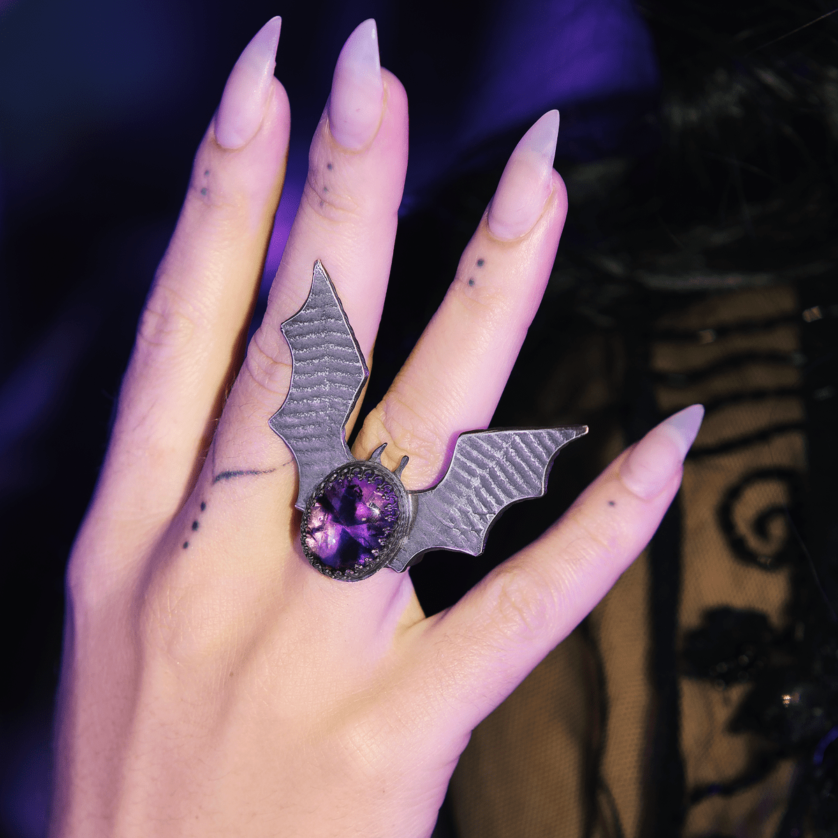 SAMPLE Bat Wing Amethyst Sterling Ring - Loved To Death
