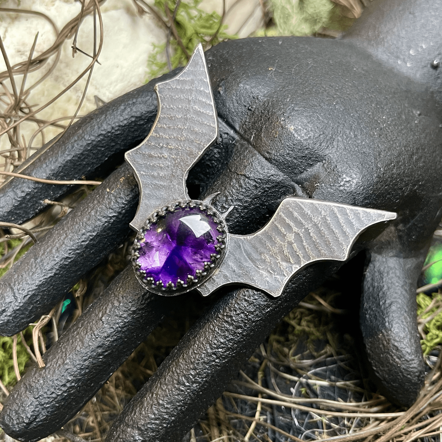 SAMPLE Bat Wing Amethyst Sterling Ring - Loved To Death